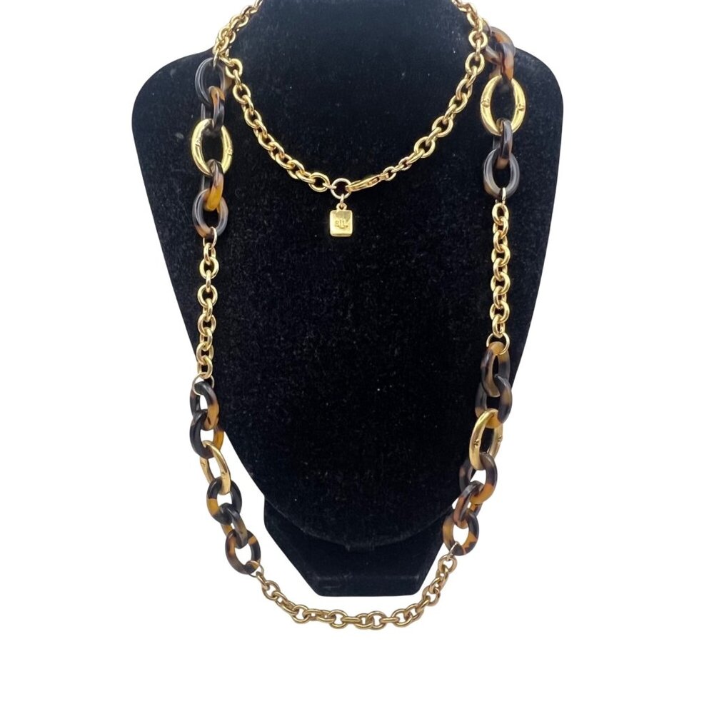 Ralph Lauren Gold Brown Tortoiseshell Link Chain Necklace Signed 32" Vintage - Picture 1 of 7